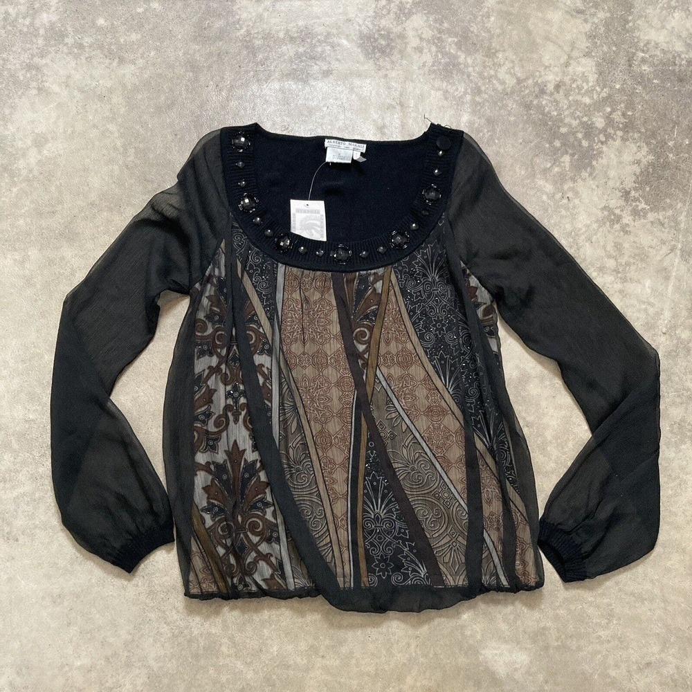 Alberto Makali‎ Shirt Womens Size Small Beaded Neckline Sheer Sleeves Black